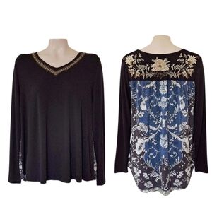 Soft Surroundings Black Embroidered Knit Top V Neck Baroque Boho M